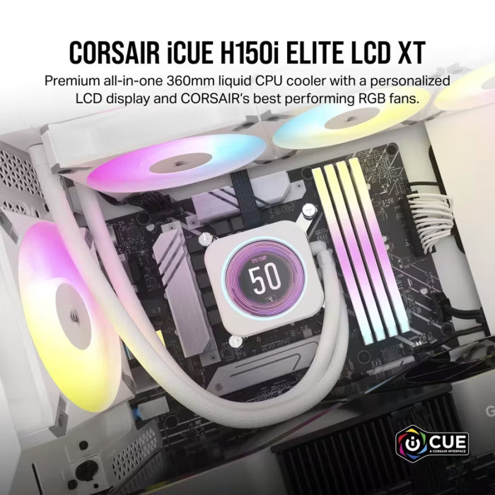 Corsair iCUE H150i Elite LCD XT 360mm Liquid CPU Cooler With IPS LCD Screen, Three AF120 RGB Elite Fans - White