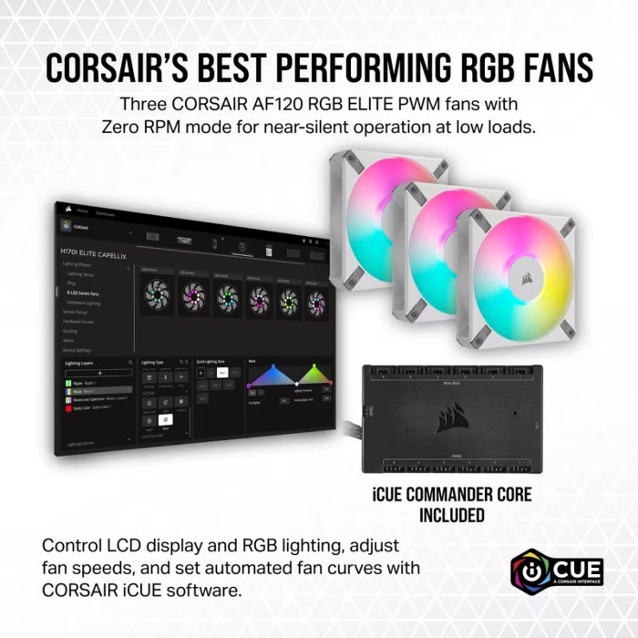 Corsair iCUE H150i Elite LCD XT 360mm Liquid CPU Cooler With IPS LCD Screen, Three AF120 RGB Elite Fans - White