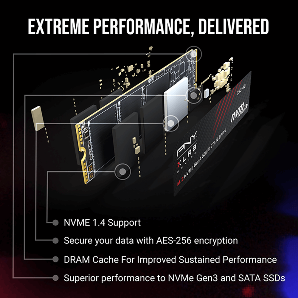 PNY XLR8 CS3140 M.2 2280 PCIe GEN4X4 NVMe SSD (R:7,500MB/s W6,850:MB/s) - 4TB
