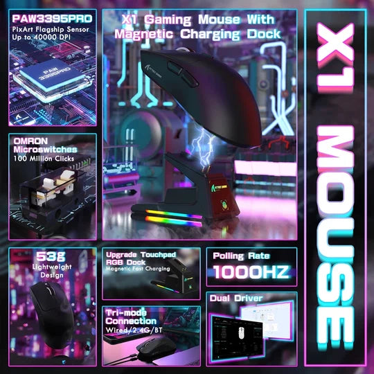 ATTACK SHARK X1 Tri-Mode Gaming Mouse With Touchpad RGB Charging Dock PAW3395PRO Sensor