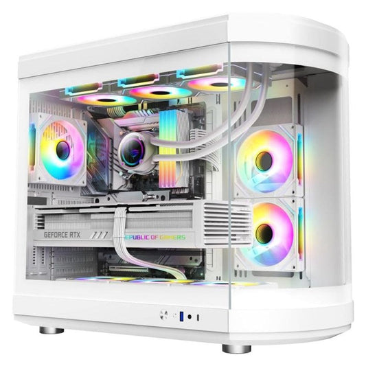 ATX Mid Tower Curved Tempered Glass Gaming PC Case 6 ARGB Fans - White