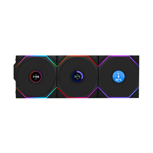 LIAN LI UNI FAN TL Wireless LCD Reverse Blade 120mm 3 Pack ARGB Case Fans With 1.6 Inch LCD Screen - Black
