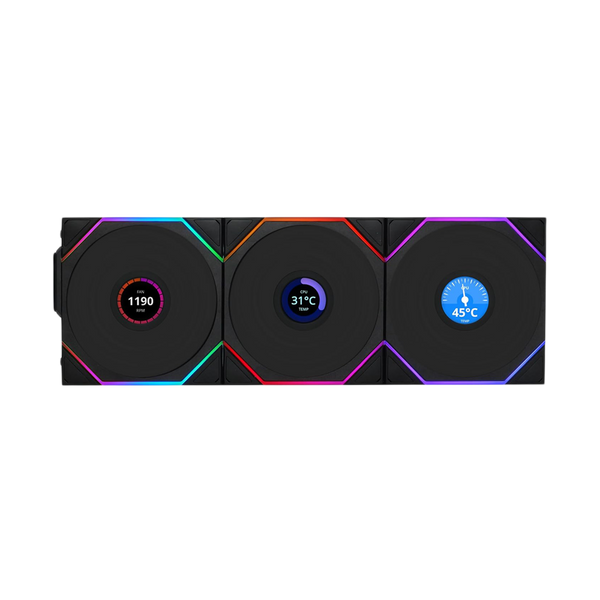 LIAN LI UNI FAN TL Wireless LCD Reverse Blade 120mm 3 Pack ARGB Case Fans With 1.6 Inch LCD Screen - Black