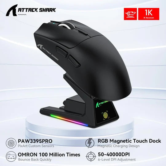 ATTACK SHARK X1 Tri-Mode Gaming Mouse With Touchpad RGB Charging Dock PAW3395PRO Sensor