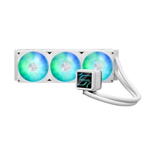 Asus Prime LC ARGB White Edition all-in-one CPU liquid cooler with vast CPU contact area and finned channels, water block with infinity mirror lens options, integrated ARGB fans and Aura lighting - White
