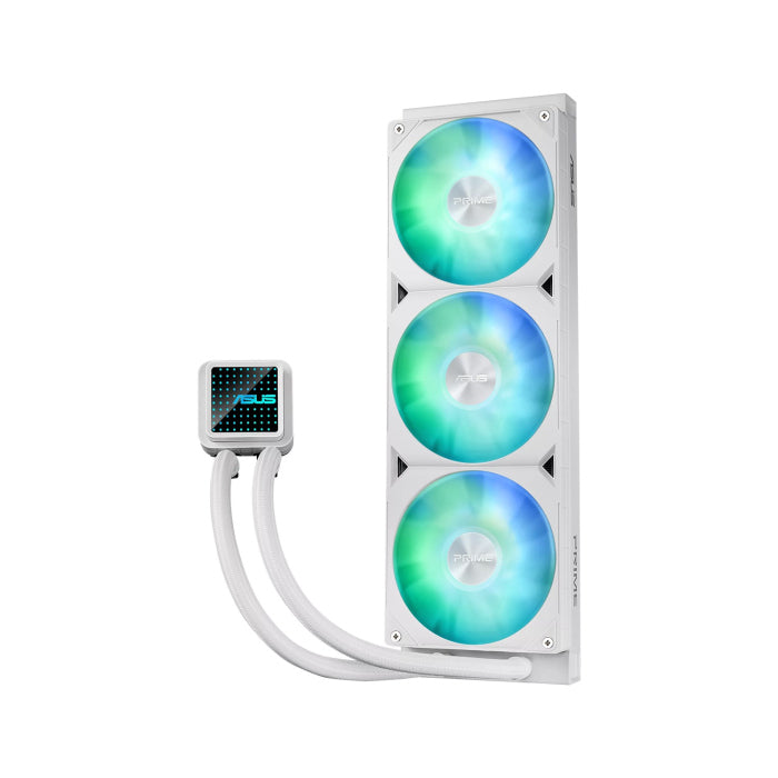 Asus Prime LC ARGB White Edition all-in-one CPU liquid cooler with vast CPU contact area and finned channels, water block with infinity mirror lens options, integrated ARGB fans and Aura lighting - White