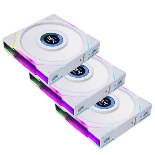 LIAN LI UNI FAN TL LCD Reverse Blade 120mm ARGB Cooling Fan with 1.6" LCD Screen (Pack of 3) - White
